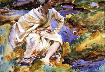  Assis Tableaux - Un homme assis près d’un ruisseau Val d’Aoste Purtud John Singer Sargent aquarelle